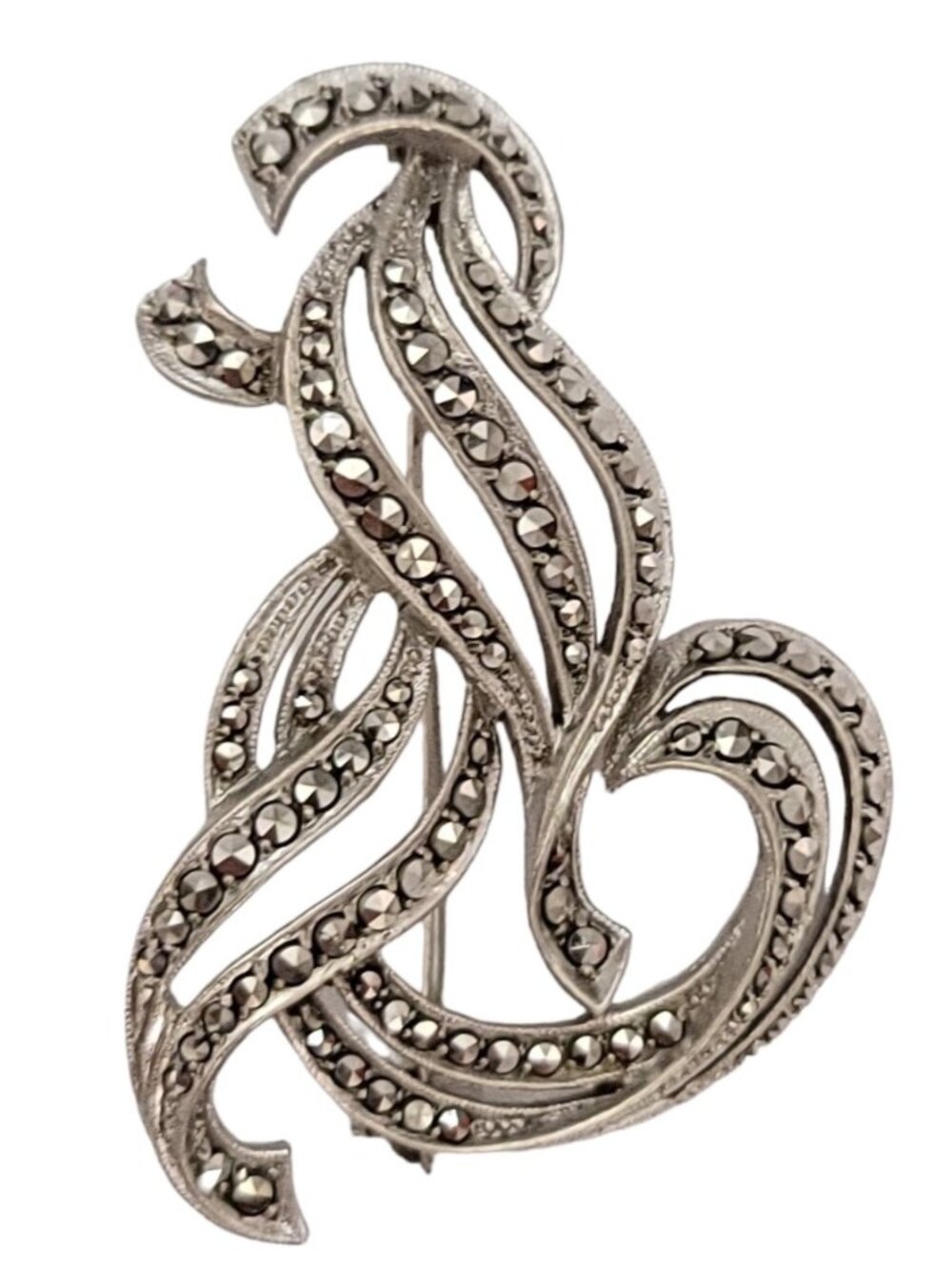 Sterling Silver Marcasite Ribbon Open Plume Brooch Pin K219